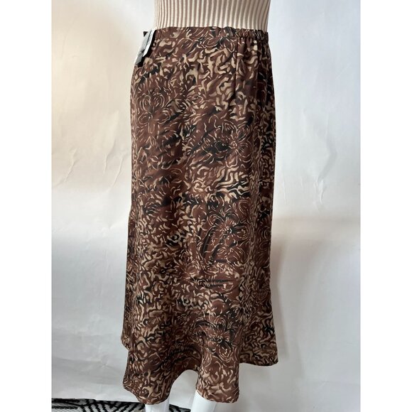 Sag Harbor Brown Floral Midi Skirt With Flared Hem S Polyester Elastic Waist - Picture 12 of 16